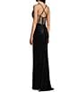 B. Darlin Velvet Drape Neck Illusion Corset Bodice Front Slit Gown, Color:Black/Black - Image 4