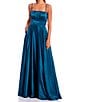 Color:Dark Teal - Image 1 - Emma Sleeveless Ruched Square Neck Side Slit Satin Ball Gown