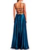 Color:Dark Teal - Image 3 - Emma Sleeveless Ruched Square Neck Side Slit Satin Ball Gown