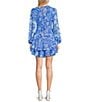 Color:Blue/White - Image 2 - Floral Print Chiffon Long Sleeve V-Neck Shirred Waist Layered Skirt Dress