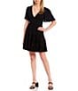 Color:Black - Image 1 - Flutter Short-Sleeve Deep V-Neck Ruffled Tier Fit-And-Flare Dress