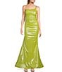 Color:Lime/Silver - Image 1 - Foil One Shoulder Double Spaghetti Strap Shirred Long Dress