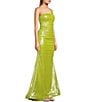 Color:Lime/Silver - Image 3 - Foil One Shoulder Double Spaghetti Strap Shirred Long Dress