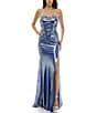 B. Darlin Foil Strapless Sweetheart Neck Front Slit Pleated Dress, Color:Cobalt/Silver - Image 1