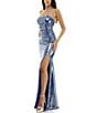 B. Darlin Foil Strapless Sweetheart Neck Front Slit Pleated Dress, Color:Cobalt/Silver - Image 3