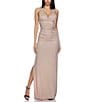 B. Darlin Glitter V-Neck Wide Strap Shirred Side Slit Lace Up Back Dress, Color:Nude/Gold - Image 1