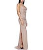 B. Darlin Glitter V-Neck Wide Strap Shirred Side Slit Lace Up Back Dress, Color:Nude/Gold - Image 3