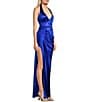 Color:Sapp Blue - Image 3 - Halter Surplus Back Strap Detail Side Shirring Long Dress