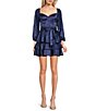 Color:Navy - Image 1 - Floral Print Long Sleeve Tie Waist Tiered Fit-And-Flare Dress