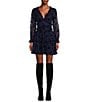 Color:Navy/Black - Image 1 - Floral Print Long Sleeve Ruffle Trim Fit-And-Flare Dress