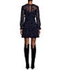 Color:Navy/Black - Image 2 - Floral Print Long Sleeve Ruffle Trim Fit-And-Flare Dress