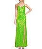 Color:Lime - Image 1 - Mesh Sequin V-Neck Spaghetti Strap Lace Up Back Side Slit Long Dress