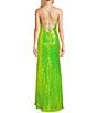 Color:Lime - Image 2 - Mesh Sequin V-Neck Spaghetti Strap Lace Up Back Side Slit Long Dress