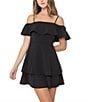 Color:Black - Image 4 - Off-The-Shoulder Popover Double Hem Skater Dress