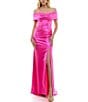 Color:Hot Pink - Image 1 - Off-The-Shoulder Shirred Neckband Satin Long Skirt Tail Dress