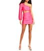 Color:Bright Fuchsia - Image 3 - One-Shoulder Long Sleeve Cut Out Waist Drawstring Side Dress