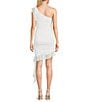 Color:Off White/Silver - Image 2 - One Shoulder Shirred Ruffle Trim Detail Glitter Bodycon Dress