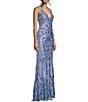 Color:Periwinkle/Hologram - Image 3 - Placement Sequin Halter Neck Long Dress