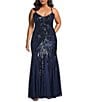 B. Darlin Plus Size Pattern Sequin V-Neck Spaghetti Strap Lace Up Back Godet Dress - Image 1