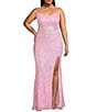 B. Darlin Plus Size Sequin Pattern Scoop Neck Spaghetti Strap Side Slit Dress - Image 1