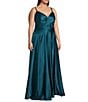 Color:DK Teal - Image 3 - Plus Spaghetti Strap V-Neck Dull Charmeuse Long Gown