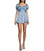 Color:Chambray - Image 1 - Puff Short Sleeve Emma Neck With Skirt Overlay And Tie Back Dull Charmeuse Romper