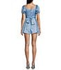 Color:Chambray - Image 2 - Puff Short Sleeve Emma Neck With Skirt Overlay And Tie Back Dull Charmeuse Romper