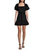 Color:Black - Image 1 - Puff Short Sleeve Fitted Ruffle Hem Stretch Poplin Dress