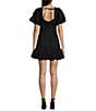 Color:Black - Image 2 - Puff Short Sleeve Fitted Ruffle Hem Stretch Poplin Dress