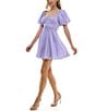 Color:Lilac - Image 3 - Puff Short Sleeve Scoop Neck Shirred Bodice Dress