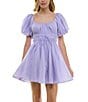 Color:Lilac - Image 4 - Puff Short Sleeve Scoop Neck Shirred Bodice Dress