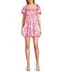 Color:Pink/White - Image 1 - Puff Short Sleeve Square Neck Floral Print Smocked Bodice Babydoll Dress
