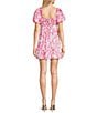 Color:Pink/White - Image 2 - Puff Short Sleeve Square Neck Floral Print Smocked Bodice Babydoll Dress
