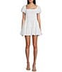 B. Darlin Puff Short Sleeve Square Neck Smocked Skater Skirt Dress, Color:White - Image 1