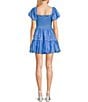 Color:Cornflower - Image 2 - Puff Short Sleeve Square Neck Smocked Skater Skirt Dress