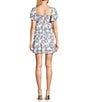 Color:Off-White/Denim - Image 2 - Puff Short Sleeve Square Neck With Smocking Back Detail Crepon Printed Dress
