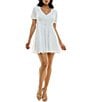 Color:Off White - Image 1 - Puff Short Sleeve V-Neck Empire Waistband With Button Skater Dress