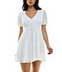 Color:Off White - Image 4 - Puff Short Sleeve V-Neck Empire Waistband With Button Skater Dress