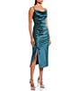Color:Teal - Image 3 - Satin Cowl Neck Drawstring Side Slit Midi Dress