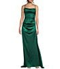 B. Darlin Satin Cowl Neck Shirred Lace-Up Back Long Dress, Color:Hunter - Image 1