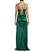 B. Darlin Satin Cowl Neck Shirred Lace-Up Back Long Dress, Color:Hunter - Image 2