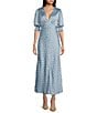 Color:Slate Blue/Off White - Image 1 - Satin Dotted Print Short Sleeve Maxi Dress