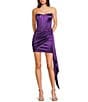 B. Darlin Satin Strapless Corseted Drape Front Lace Up Back Side Sash Dress, Color:Purple - Image 1