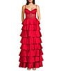 B. Darlin Satin Sweetheart Neck Stone Embellished Illusion Corseted Bodice Tiered Long Dress - Image 1