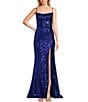 Color:Sapphire - Image 1 - Scoop Neck Spaghetti Strap Lace-up-Back Slit Hem Sequin Gown