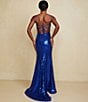 Color:Sapphire - Image 6 - Scoop Neck Spaghetti Strap Lace-up-Back Slit Hem Sequin Gown
