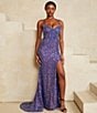 Color:Sapphire/Irridescent - Image 5 - Sequin Corset Strappy Lace-Up Back Long Dress
