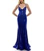 Color:Sapphire/Silver - Image 1 - Sequin Double Spaghetti Strap V-Neck Long Dress