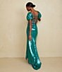 Color:Jade - Image 6 - Sequin Mesh Sweetheart Neck Short Puff Sleeve Lace Up Back Long Dress