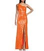 Color:Neon Orange/Iridescent - Image 1 - Sequin One-Shoulder Back Strap Long Dress